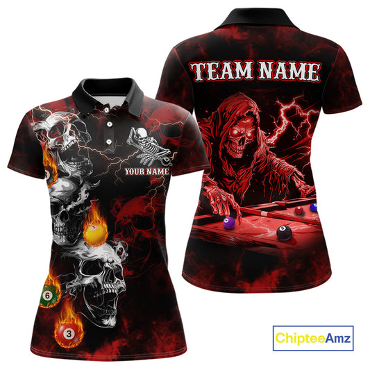 Personalized Red Smoke Skull Billiard Shirts For Women Custom Grim Reaper Billiard Jerseys TDM3869