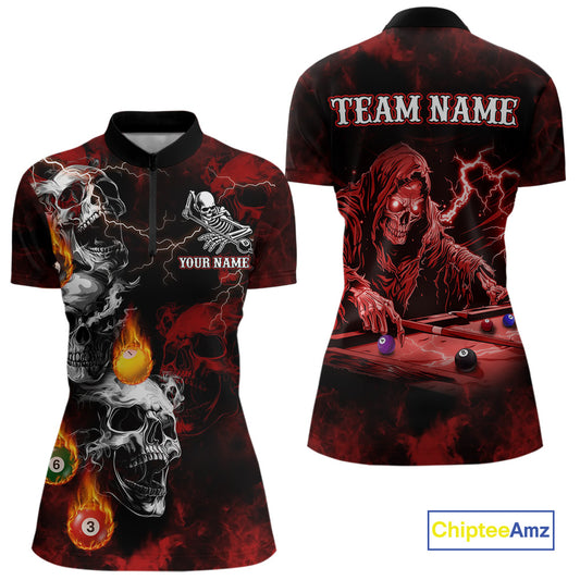 Personalized Red Smoke Skull Billiard Shirts For Women Custom Grim Reaper Billiard Jerseys TDM3869