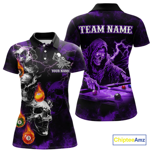 Personalized Purple Smoke Skull Billiard Shirts For Women Custom Grim Reaper Billiard Jerseys TDM3870