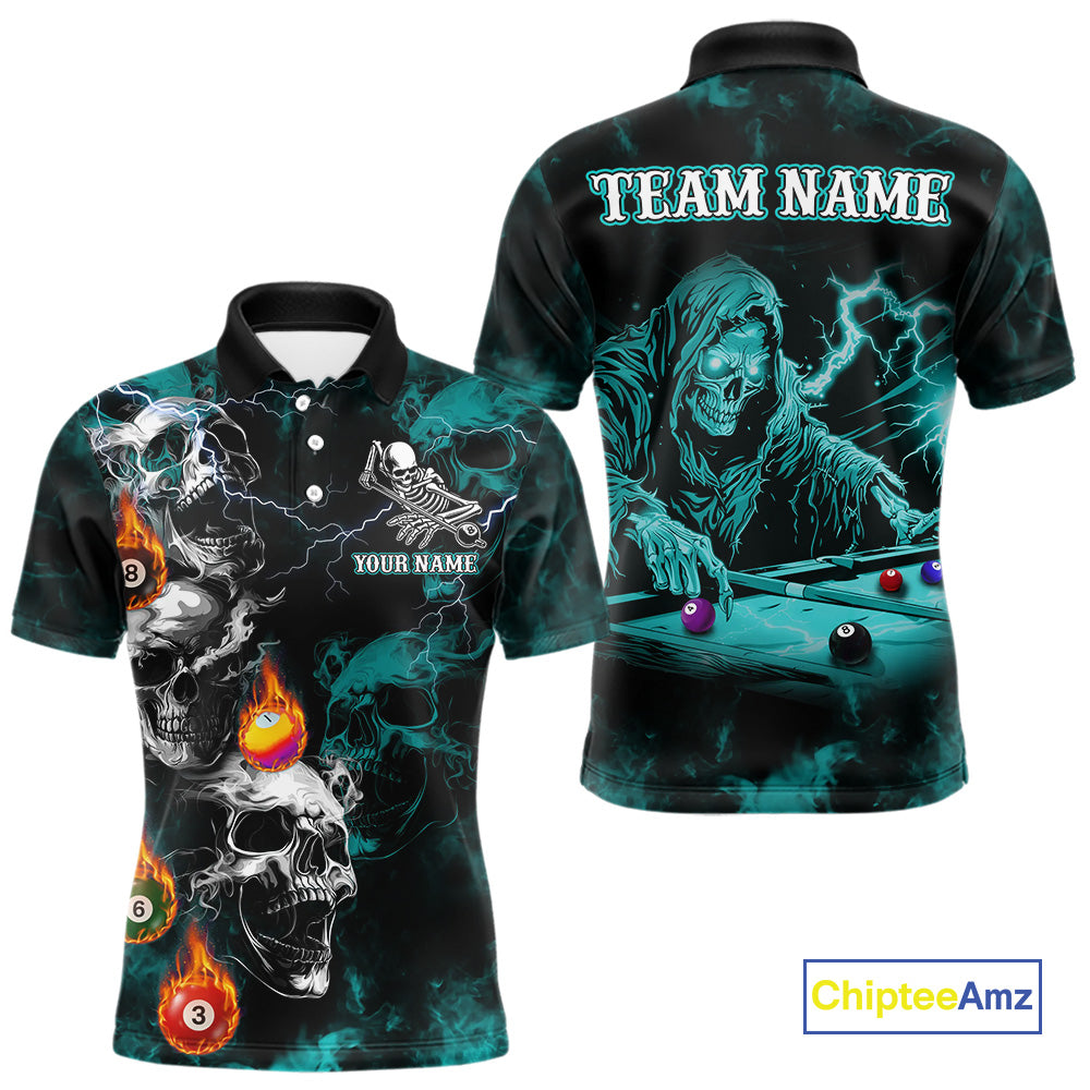 Personalized Turquoise Smoke Skull Billiard Shirts For Men Custom Grim Reaper Billiard Jerseys TDM3871