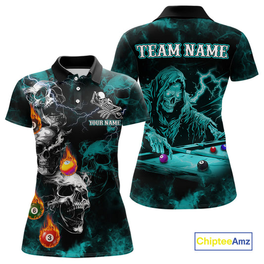 Personalized Turquoise Smoke Skull Billiard Shirts For Women Custom Grim Reaper Billiard Jerseys TDM3871