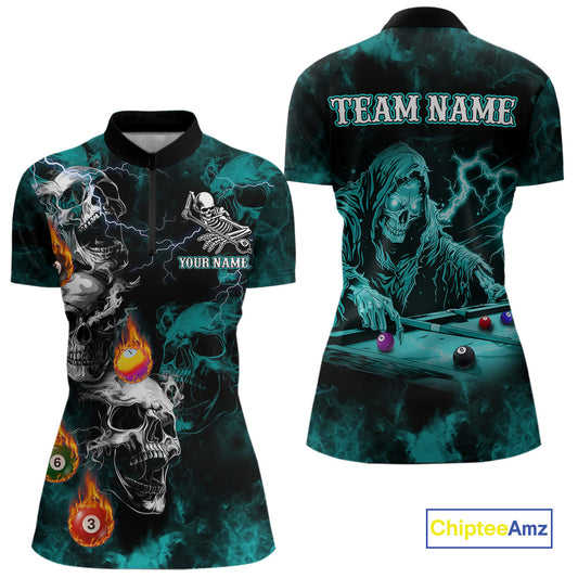 Personalized Turquoise Smoke Skull Billiard Shirts For Women Custom Grim Reaper Billiard Jerseys TDM3871