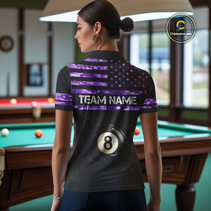 Customized Retro 8 Ball Pool Purple Camo US Flag Billiard Shirt For Women, Patriotic Billiard Jersey TDM4331
