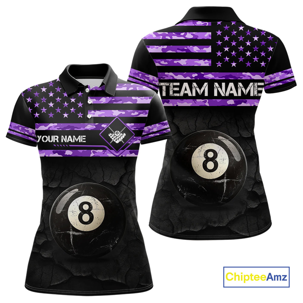 Customized Retro 8 Ball Pool Purple Camo US Flag Billiard Shirt For Women, Patriotic Billiard Jersey TDM4331
