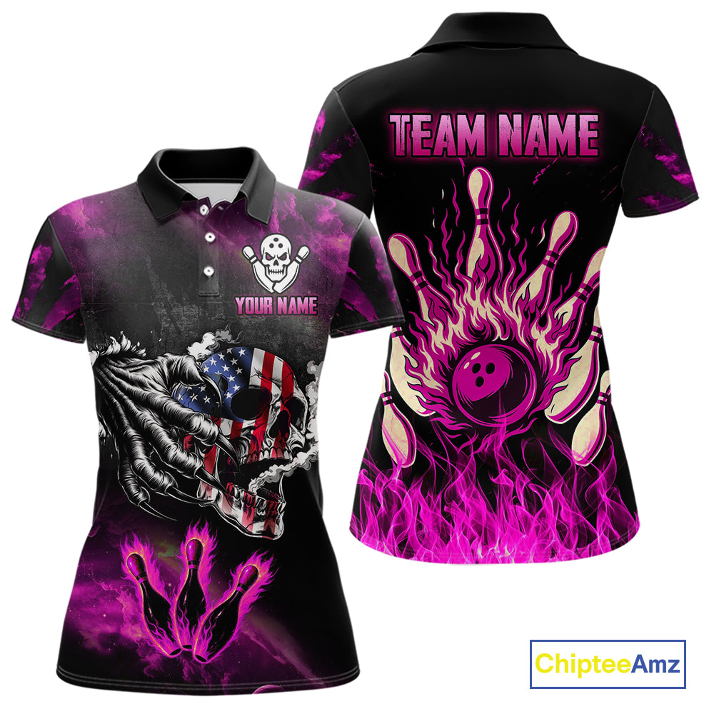 Pink Flaming American Flag Skull Bowling Shirt For Women Custom Fire Bowling Team Jersey TDM4751
