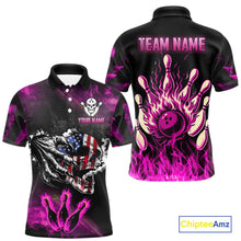 Load image into Gallery viewer, Pink Flaming American Flag Skull Bowling Shirt For Men Custom Fire Bowling Team Jersey TDM4751