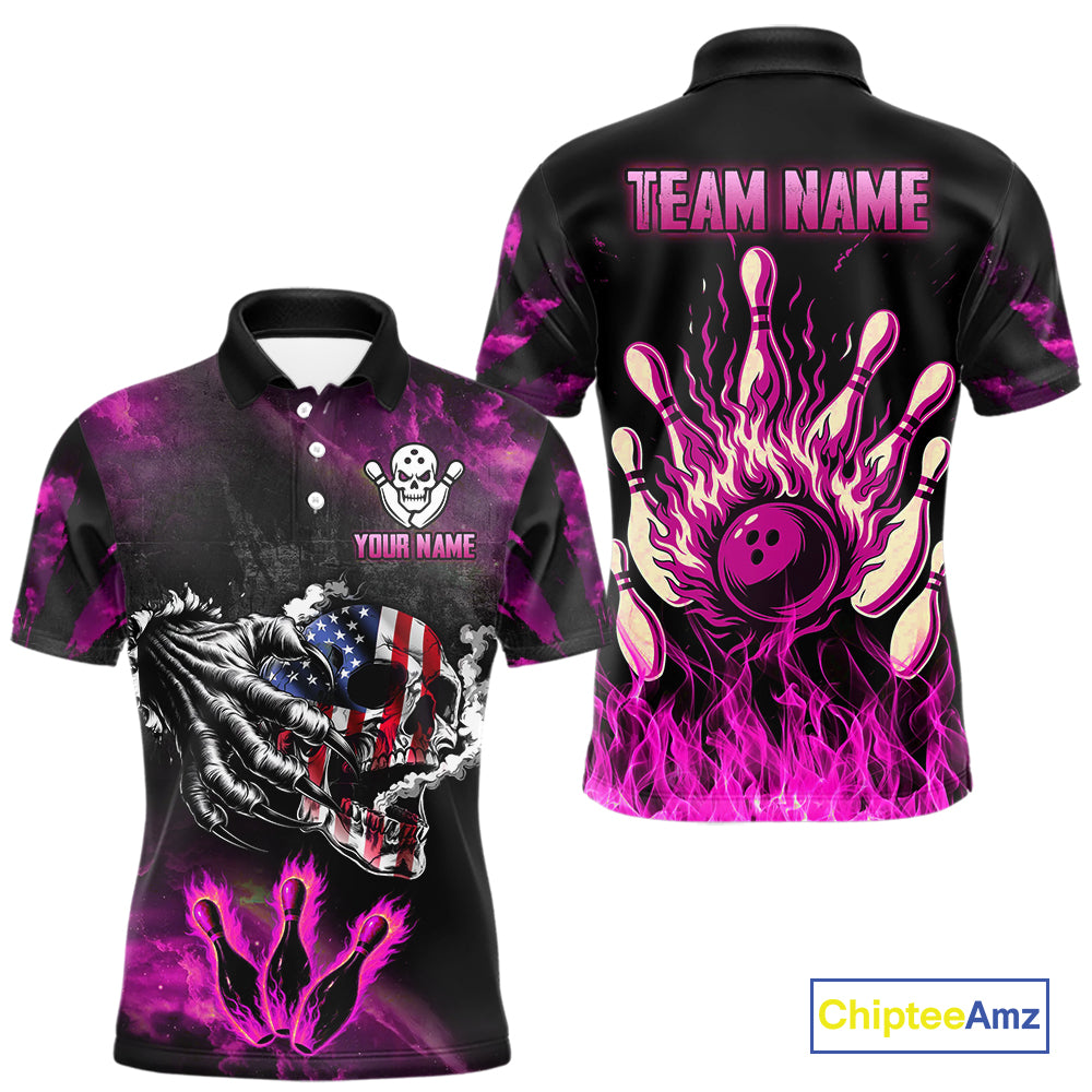 Pink Flaming American Flag Skull Bowling Shirt For Men Custom Fire Bowling Team Jersey TDM4751