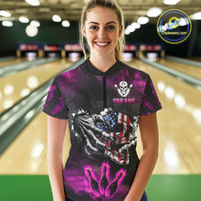 Load image into Gallery viewer, Pink Flaming American Flag Skull Bowling Shirt For Women Custom Fire Bowling Team Jersey TDM4751