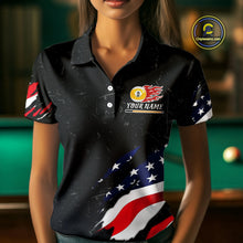 Load image into Gallery viewer, Personalized Patriotic 9 Ball Billiard Shirt For Women Custom Black Grunge American Flag Pool Jersey TDM4758