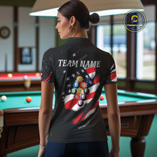 Load image into Gallery viewer, Personalized Patriotic 9 Ball Billiard Shirt For Women Custom Black Grunge American Flag Pool Jersey TDM4758
