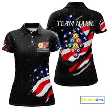 Load image into Gallery viewer, Personalized Patriotic 9 Ball Billiard Shirt For Women Custom Black Grunge American Flag Pool Jersey TDM4758