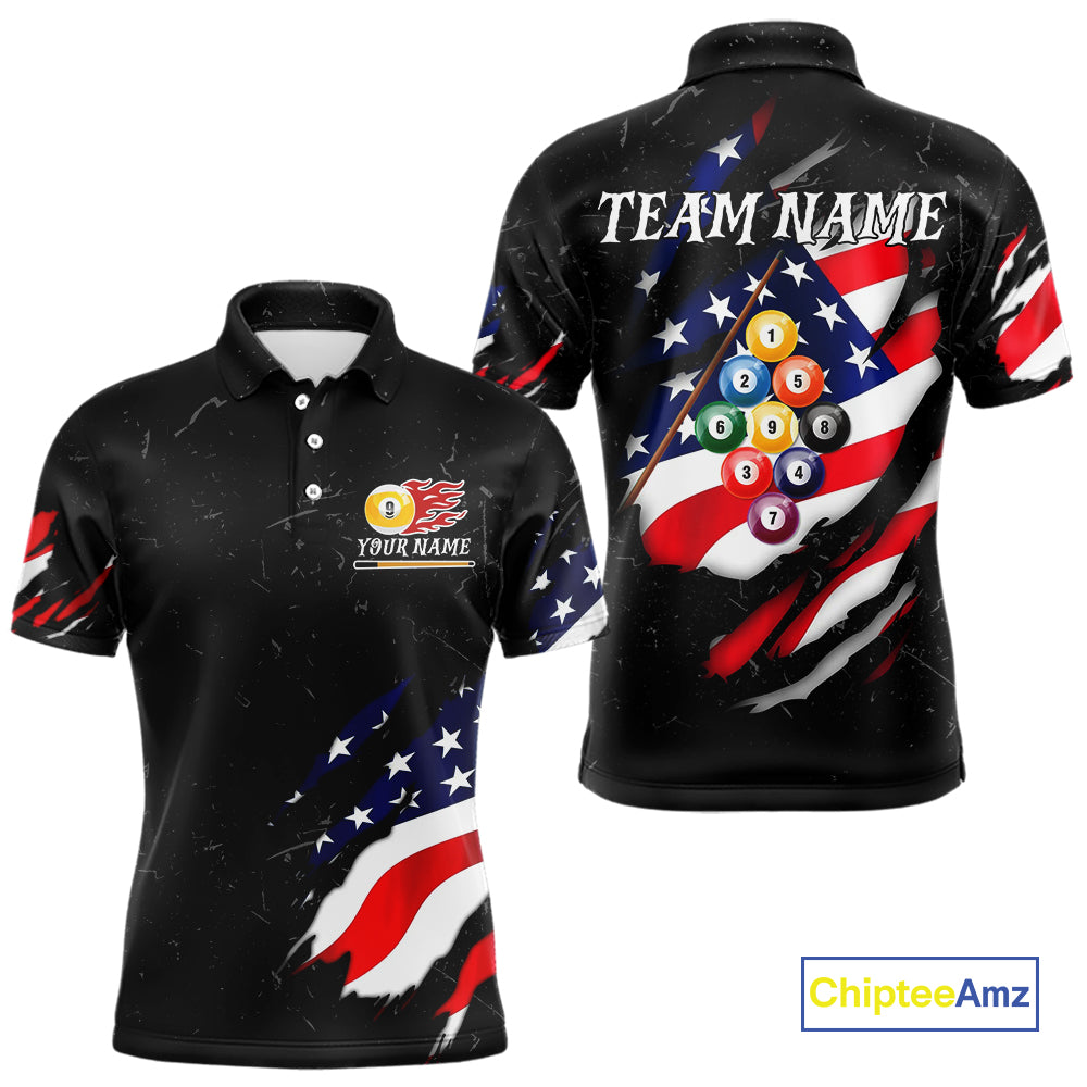 Personalized Patriotic 9 Ball Billiard Shirt For Men Custom Black Grunge American Flag Pool Jersey TDM4758