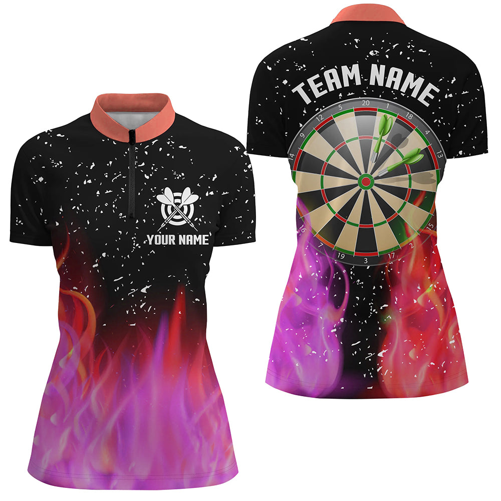 3D Red And Pink Fire Dartboard Women Darts Quarter-Zip Shirts Custom Dart Jerseys For Team TDM1213