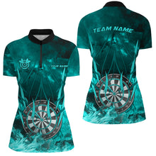 Load image into Gallery viewer, Personalized Turquoise 3D Darts Board On Fire Women Darts Shirts Custom Flame Darts Shirts For Player TDM1789