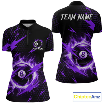 Purple 8 ball thunder lightning billiard quarter zip shirt for women built for tournaments and league play.