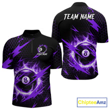 Load image into Gallery viewer, Purple 8 ball thunder lightning billiard quarter zip shirt for men built for tournaments and league play.