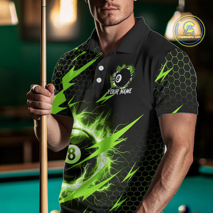 Man wearing a green 8 ball thunder lightning billiard jersey beside a pool table front view.