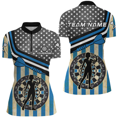Personalized Blue Retro American Flag Darts Shirts For Women Custom Patriotic Darts Player Jerseys TDM1992