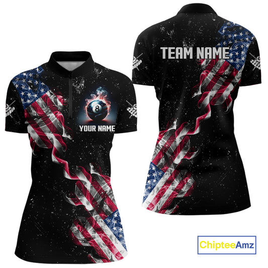 Customized Grunge US Flag Smoke Billiard Polo & 1/4 Zip For Women, Patriotic 8 Ball Pool Team Jersey TDM4546