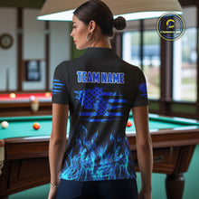 Load image into Gallery viewer, Blue Flaming US Flag 9 Ball Billiard Shirt For Women Custom Patriotic Pool Player Team Jersey TDM4547