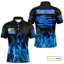 Load image into Gallery viewer, Blue Flaming US Flag 9 Ball Billiard Shirt For Men Custom Patriotic Pool Player Team Jersey TDM4547