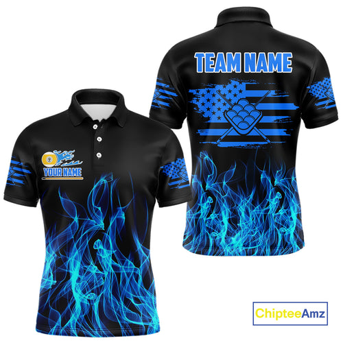 Blue Flaming US Flag 9 Ball Billiard Shirt For Men Custom Patriotic Pool Player Team Jersey TDM4547