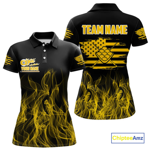 Yellow Flaming US Flag 9 Ball Billiard Shirt For Women Custom Patriotic Pool Player Team Jersey TDM4548