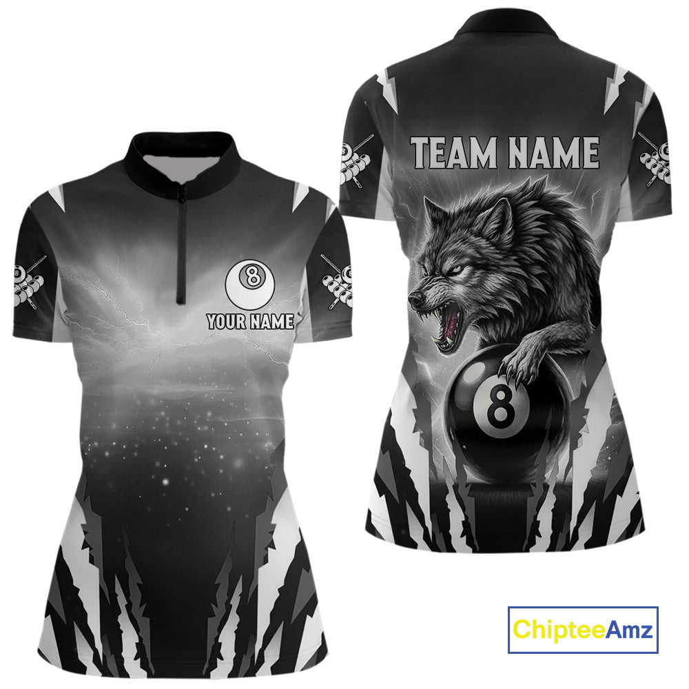 Personalized Thunder Lightning Wolf Billiard Shirt For Women, 8 Ball Billiard Team Jerseys |Grey TDM4550