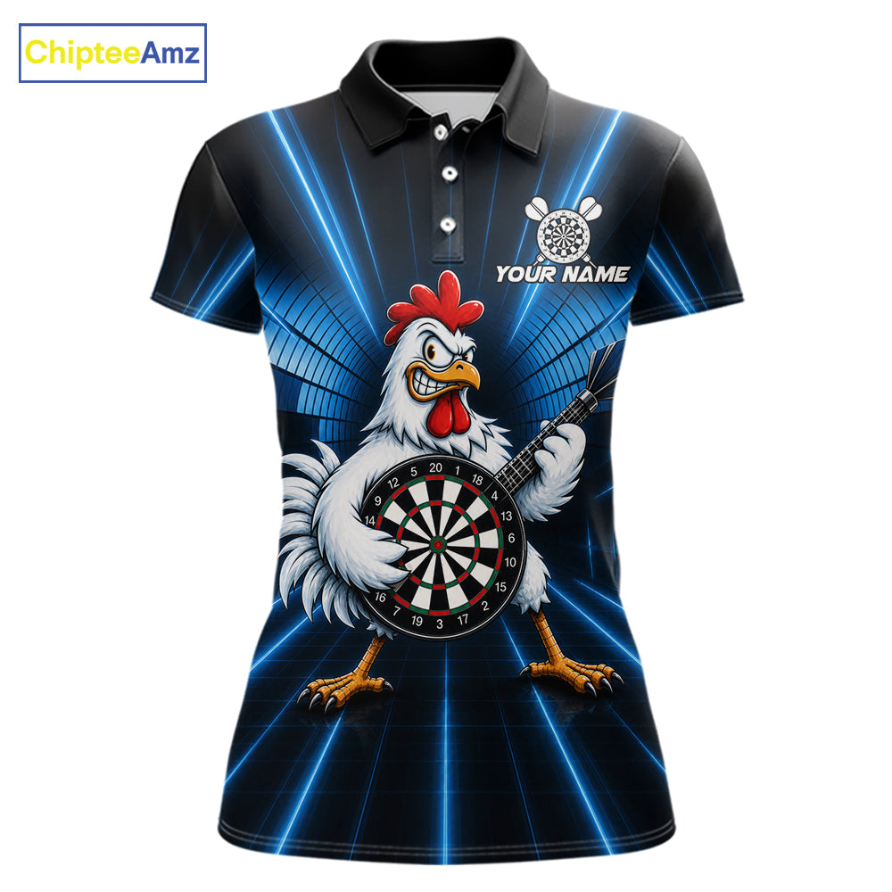 Blue Funny Chicken Playing Dartboard Guitar Custom Darts Shirts For Women, Darts Team Jersey TDM7202
