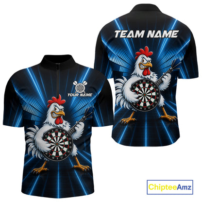 Blue Funny Chicken Playing Dartboard Guitar Custom Darts Shirts For Men, Darts Team Jersey TDM7202