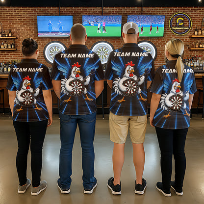 Blue Funny Chicken Playing Dartboard Guitar Custom Darts Shirts For Men, Darts Team Jersey TDM7202