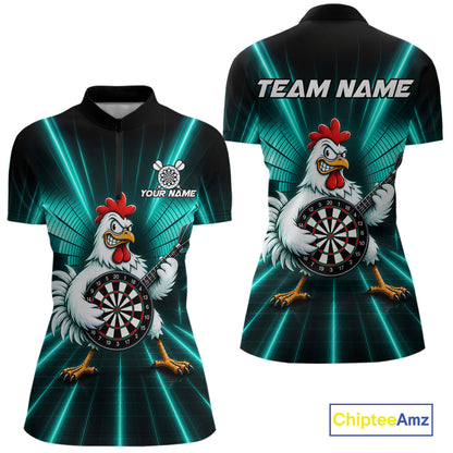 Teal Funny Chicken Playing Dartboard Guitar Custom Darts Shirts For Women, Darts Team Jersey TDM7204