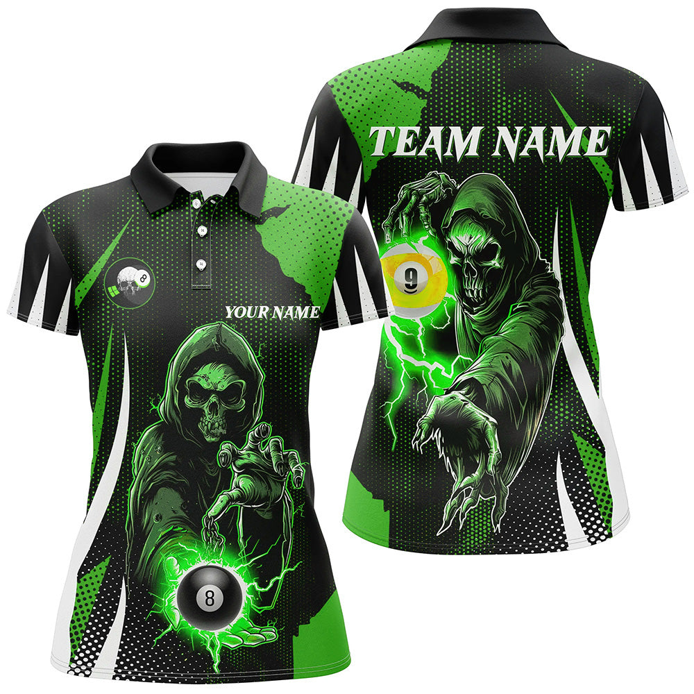 Funny Green Death Skeleton 8 Ball & 9 Ball Billiard Shirts For Women Custom League Billiard Jerseys TDM2463