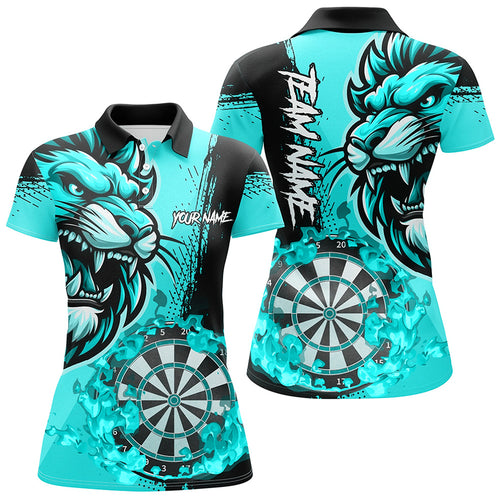 Turquoise Funny Darts Flame Lion Custom Polo & 1/4 Zip, Personalized Women Dart Shirts Dart Jerseys TDM2958