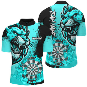 Turquoise Funny Darts Flame Lion Custom Polo & 1/4 Zip, Personalized Men Dart Shirts Dart Jerseys TDM2958