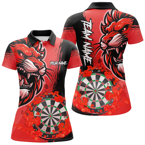 Red Funny Darts Flame Lion Custom Polo & Quarter-Zip, Personalized Women Dart Shirts Dart Jerseys TDM2959