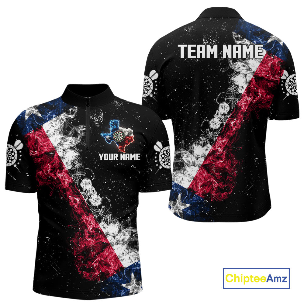 Personalized Black Grunge Texas Flag Smoke Darts Shirt For Men, Patriotic Team Dart Jerseys TDM5178
