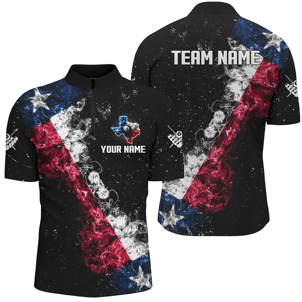 Personalized Black Grunge Texas Flag Smoke Billiard Shirt For Men, Patriotic Texas Pool Team Jersey TDM3193