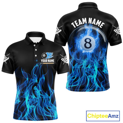 Blue Flaming 8 Ball Billiard Polo & 1/4 Zip For Men Custom Billiard Jersey, Pool Team Shirts TDM5431