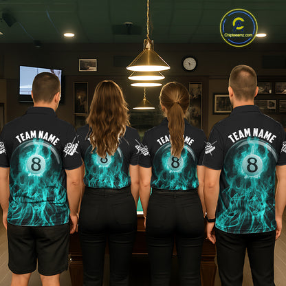 Turquoise Flaming 8 Ball Billiard Polo & 1/4 Zip For Men Custom Billiard Jersey, Pool Team Shirts TDM5433