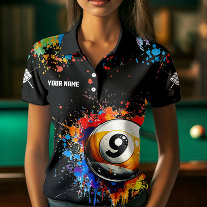 Funny 9 Ball Pool Colorful Paint Splash Custom Billiard Shirt For Women, Billiard Team Jersey | Black TDM3702