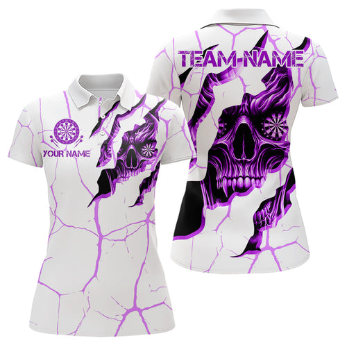Personalized Skull White Purple Grunge Darts Polo & Quarter-Zip For Women Custom Dart Team Jerseys TDM3704