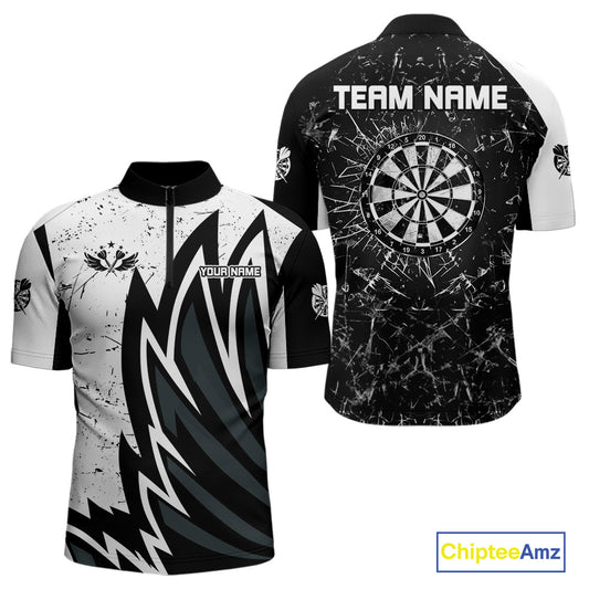 Personalized Black White Break Glass Dart Shirts For Men Custom Wings Dart Jersey Polo & 1/4 Zip TDM3881