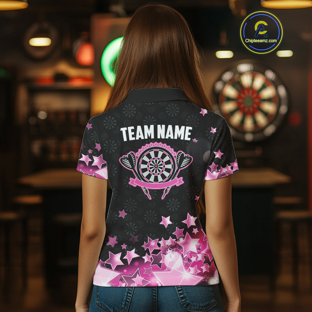 Funny Custom Dart Shirt For Women, Pink Black Glowing Star Pattern Darts Polo & Quarter Zip TDM3885