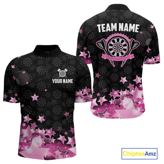 Funny Custom Dart Shirt For Men, Pink Black Glowing Star Pattern Darts Polo & Quarter Zip TDM3885