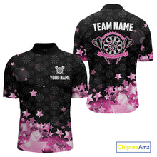 Load image into Gallery viewer, Funny Custom Dart Shirt For Men, Pink Black Glowing Star Pattern Darts Polo &amp; Quarter Zip TDM3885