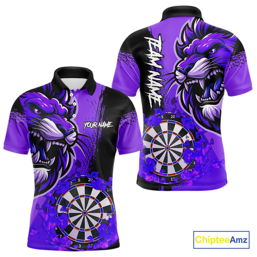 Purple Funny Darts Flame Lion Custom Polo & Quarter-Zip, Personalized Men Dart Shirts Dart Jerseys TDM3973