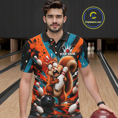 Colorful Graffiti Funny Squirrel Bowling Polo, 1/4 Zip Shirts For Men Custom Bowling Team Jersey TDM6489