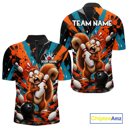 Colorful Graffiti Funny Squirrel Bowling Polo, 1/4 Zip Shirts For Men Custom Bowling Team Jersey TDM6489