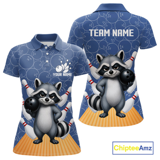 Funny Raccoon Navy Blue Bowling Polo & Quarter Zip Shirts For Women Custom Bowling Team Jersey TDM6490